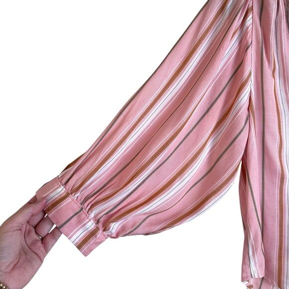 Anthropologie Maeve Brenda Pink and White Striped Boho Ballon Sleeve Blouse - Picture 6 of 9